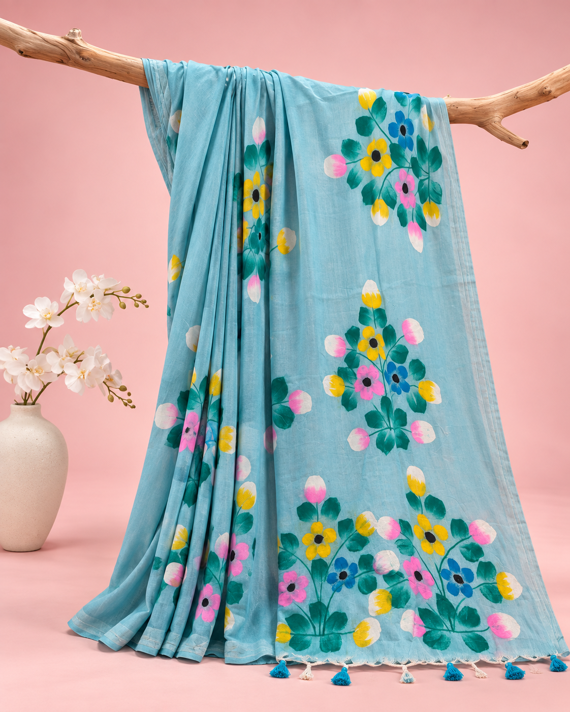 Ambara – Light Blue Cotton Saree with Hand-Painted Floral Art