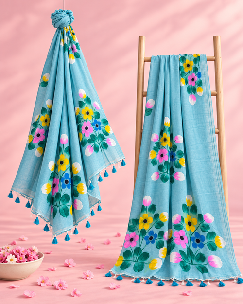 Ambara – Light Blue Cotton Saree with Hand-Painted Floral Art