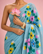 Ambara – Light Blue Cotton Saree with Hand-Painted Floral Art