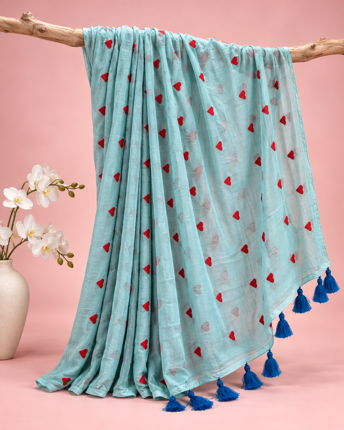 Anuraga – Light Blue Mul Cotton Saree with Red Heart Embroidery