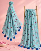 Anuraga – Light Blue Mul Cotton Saree with Red Heart Embroidery