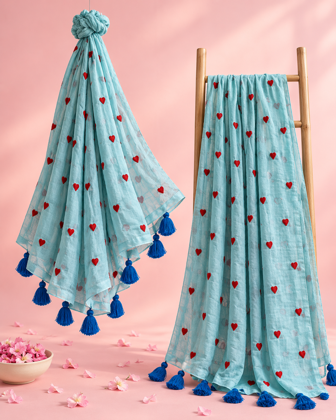 Anuraga – Light Blue Mul Cotton Saree with Red Heart Embroidery