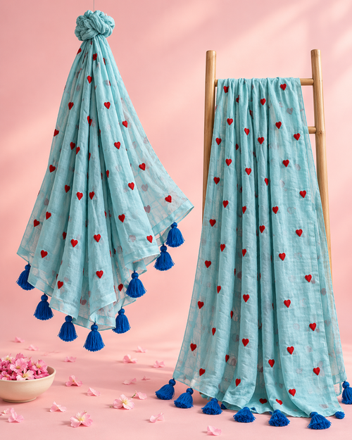 Anuraga – Light Blue Mul Cotton Saree with Red Heart Embroidery