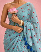 Anuraga – Light Blue Mul Cotton Saree with Red Heart Embroidery