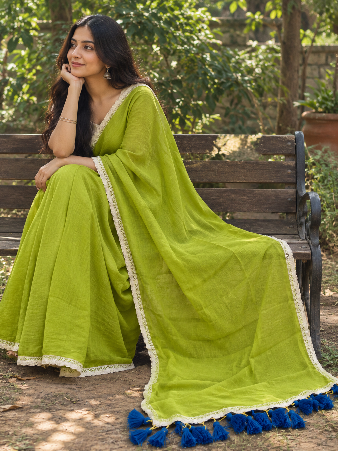 Anya – Light Green Cotton Saree with Lace Border