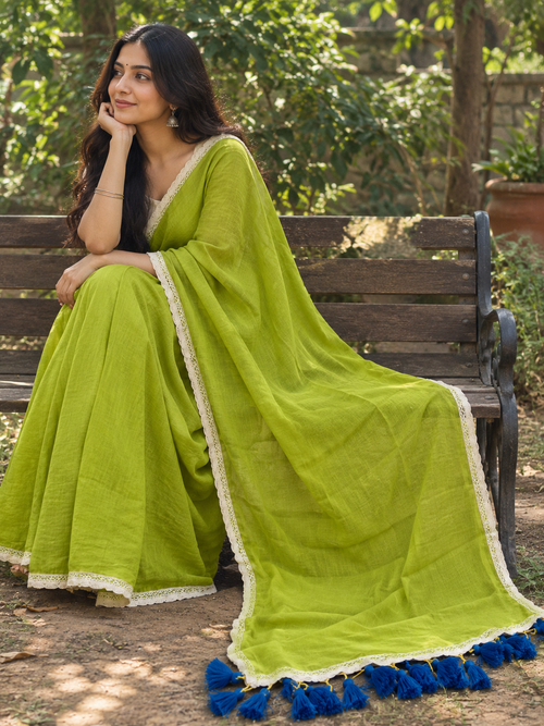 Anya – Light Green Cotton Saree with Lace Border