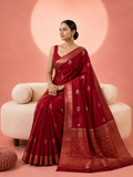 Aradhya – Red Kora Banarasi Organza Saree with Gold and Silver Motifs