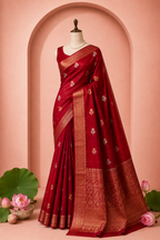 Aradhya – Red Kora Banarasi Organza Saree with Gold and Silver Motifs