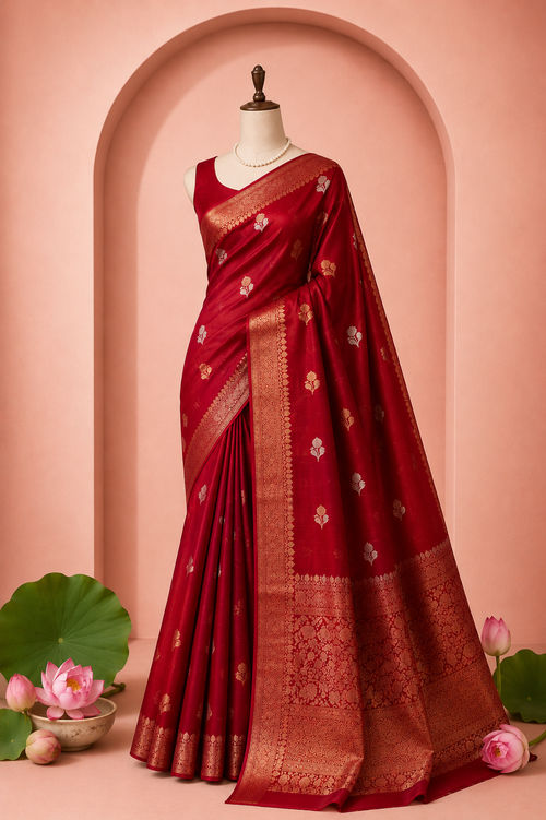 Aradhya – Red Kora Banarasi Organza Saree with Gold and Silver Motifs