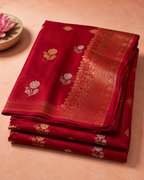 Aradhya – Red Kora Banarasi Organza Saree with Gold and Silver Motifs