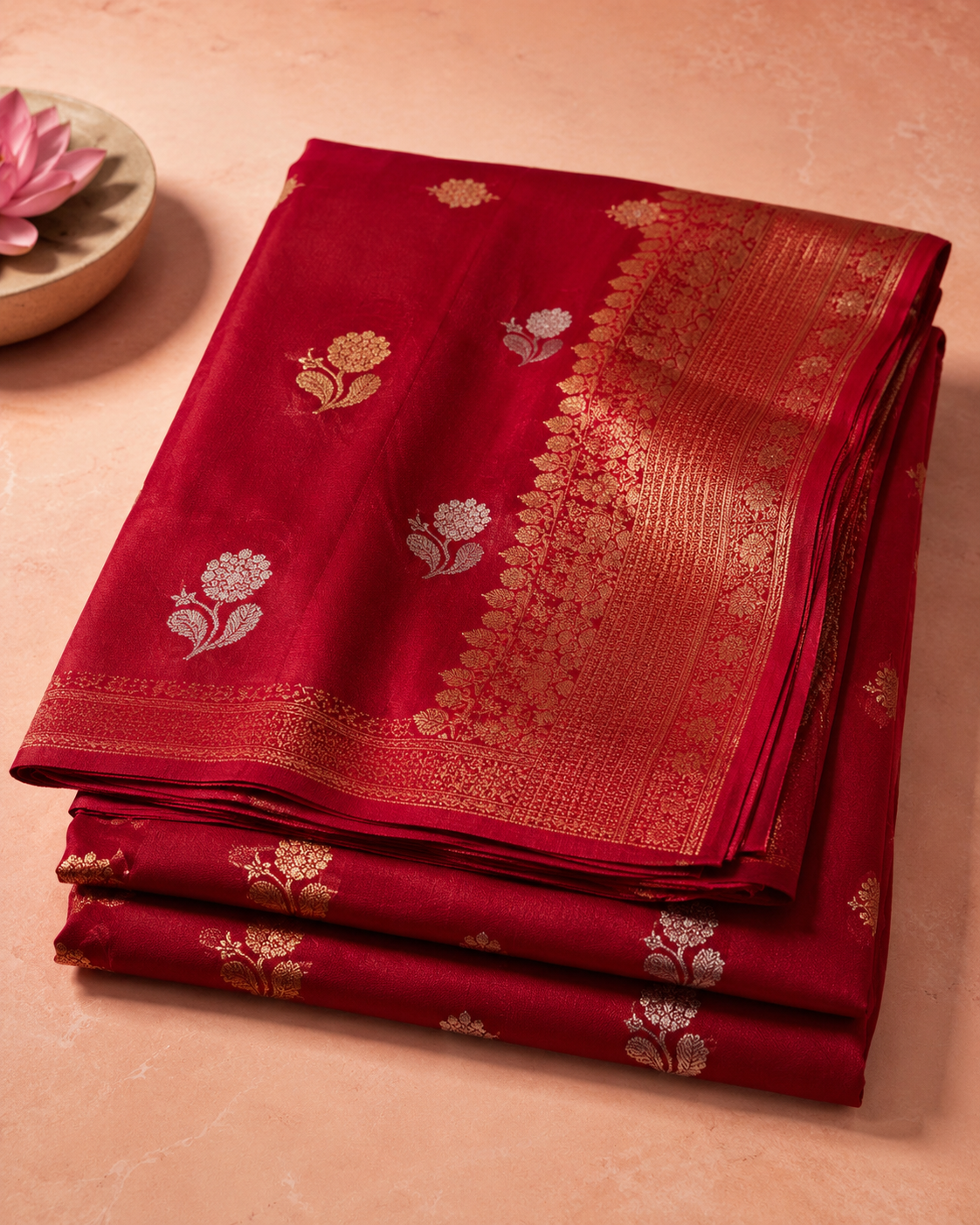 Aradhya – Red Kora Banarasi Organza Saree with Gold and Silver Motifs