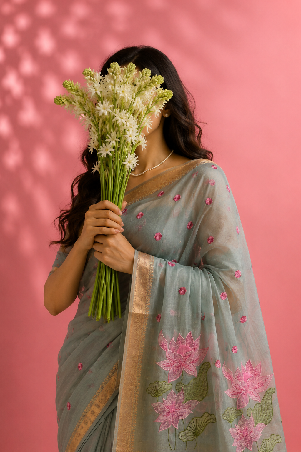 Chanda – Cotton Saree with Lotus Embroidery