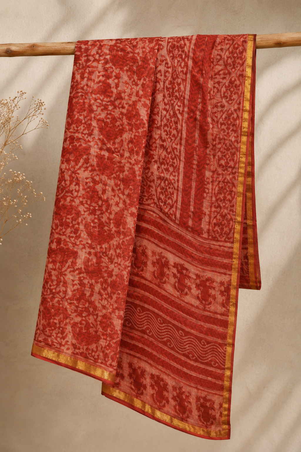 Gulbahar – Brick Red Handblock Printed Kota Doria Saree