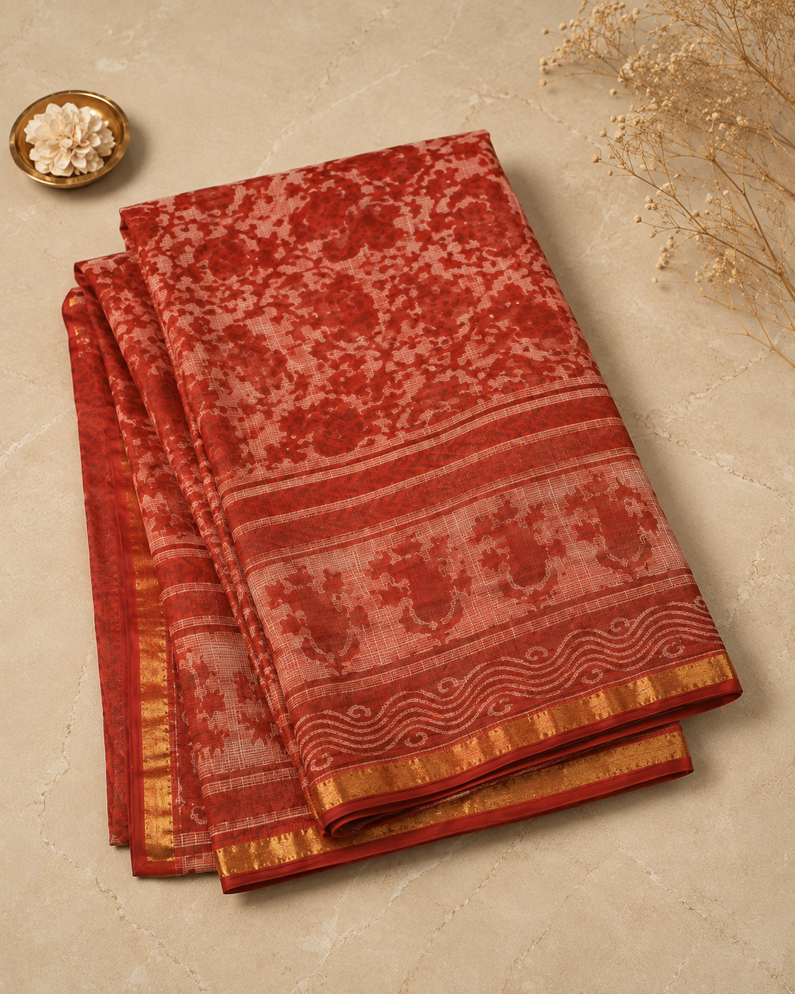 Gulbahar – Brick Red Handblock Printed Kota Doria Saree