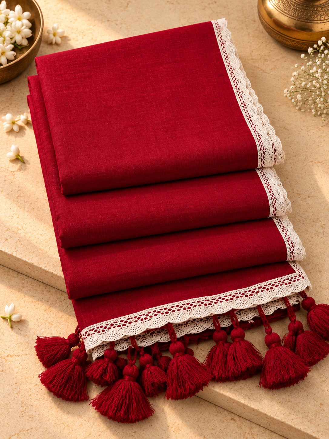 Dhyani – Red Cotton Saree with Lace Border