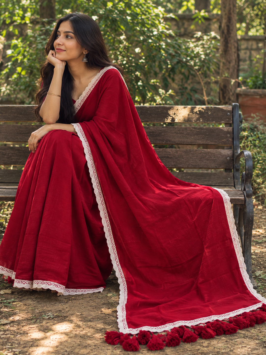 Dhyani – Red Cotton Saree with Lace Border