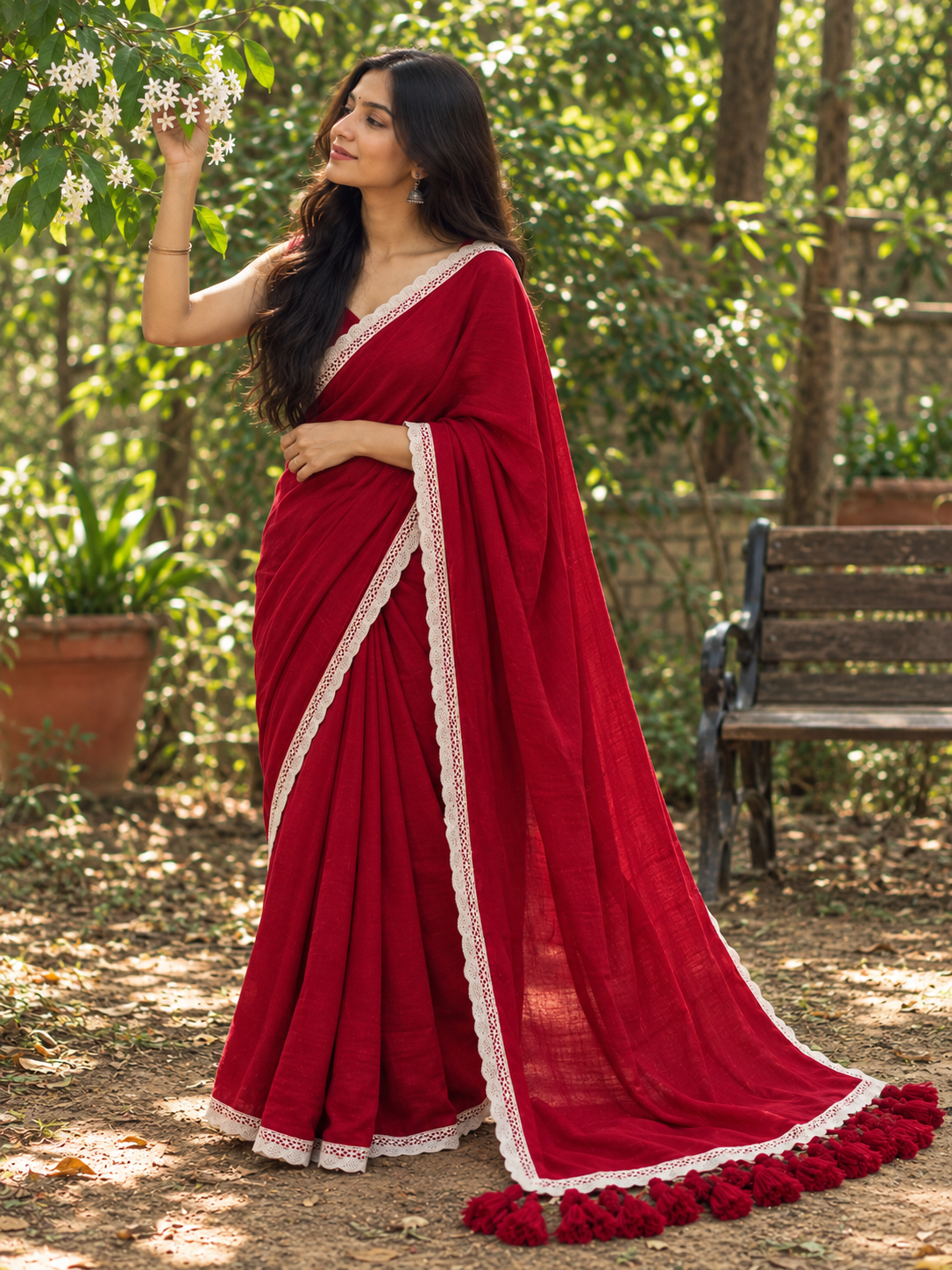 Dhyani – Red Cotton Saree with Lace Border