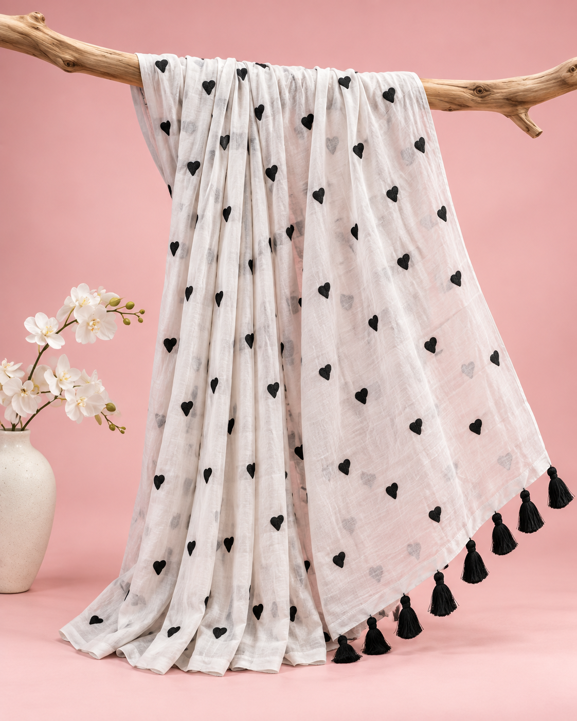 Hridaya – White Mul Cotton Saree with Black Heart Embroidery