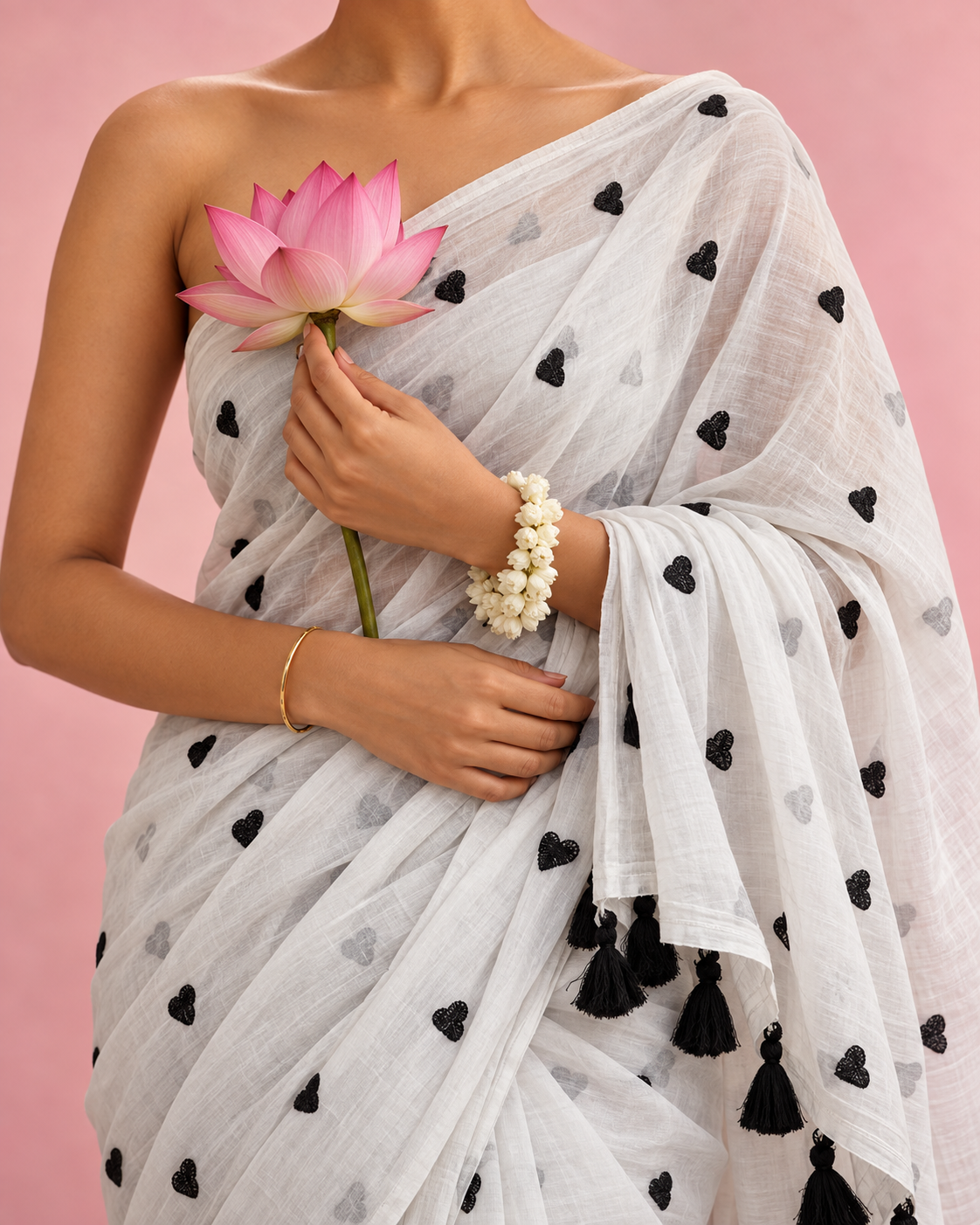 Hridaya – White Mul Cotton Saree with Black Heart Embroidery