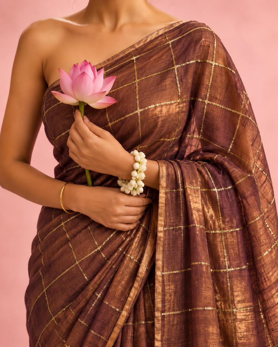 Kashvi – Copper-Gold Cotton-Silk Saree with Golden Sequin Checks