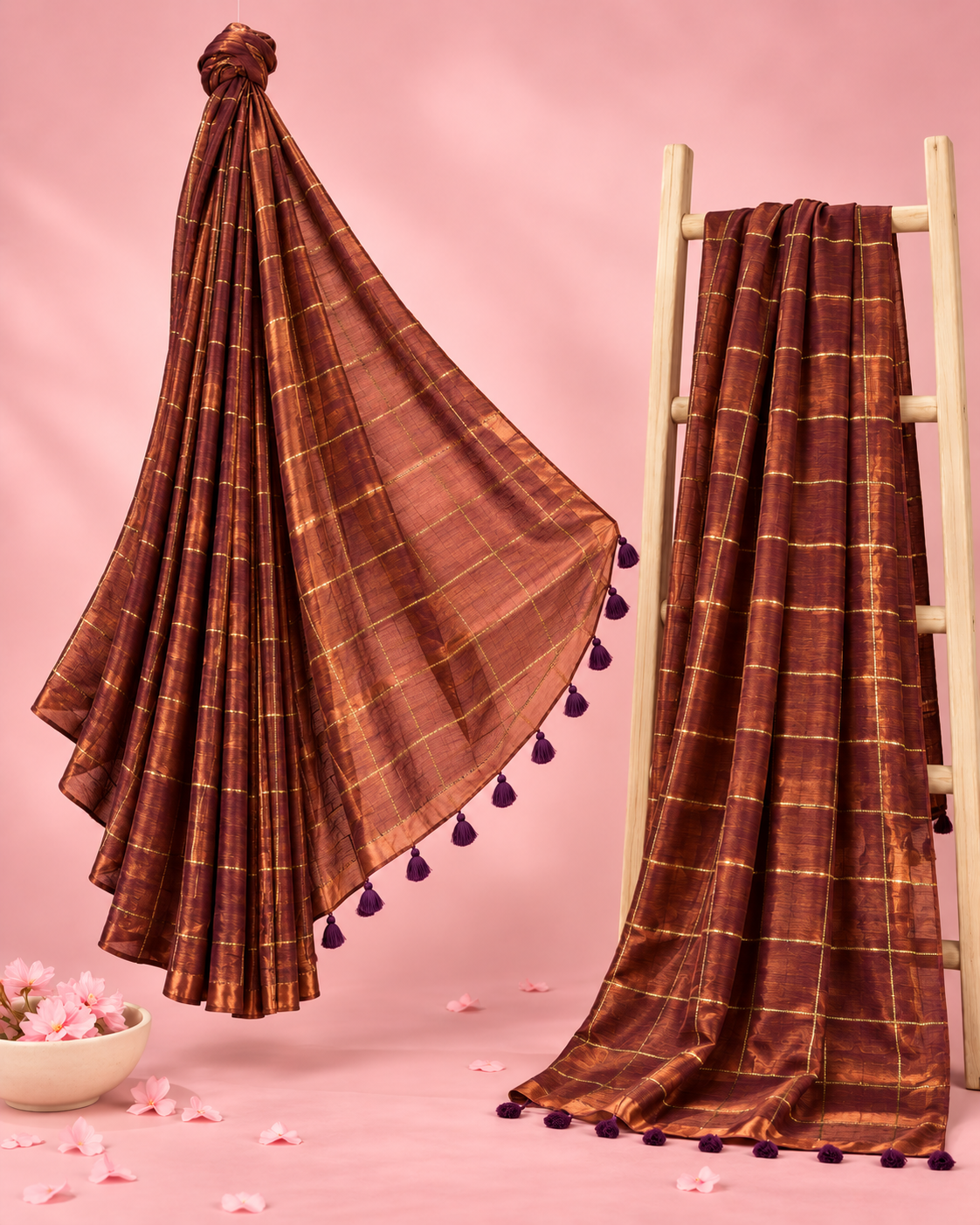 Kashvi – Copper-Gold Cotton-Silk Saree with Golden Sequin Checks