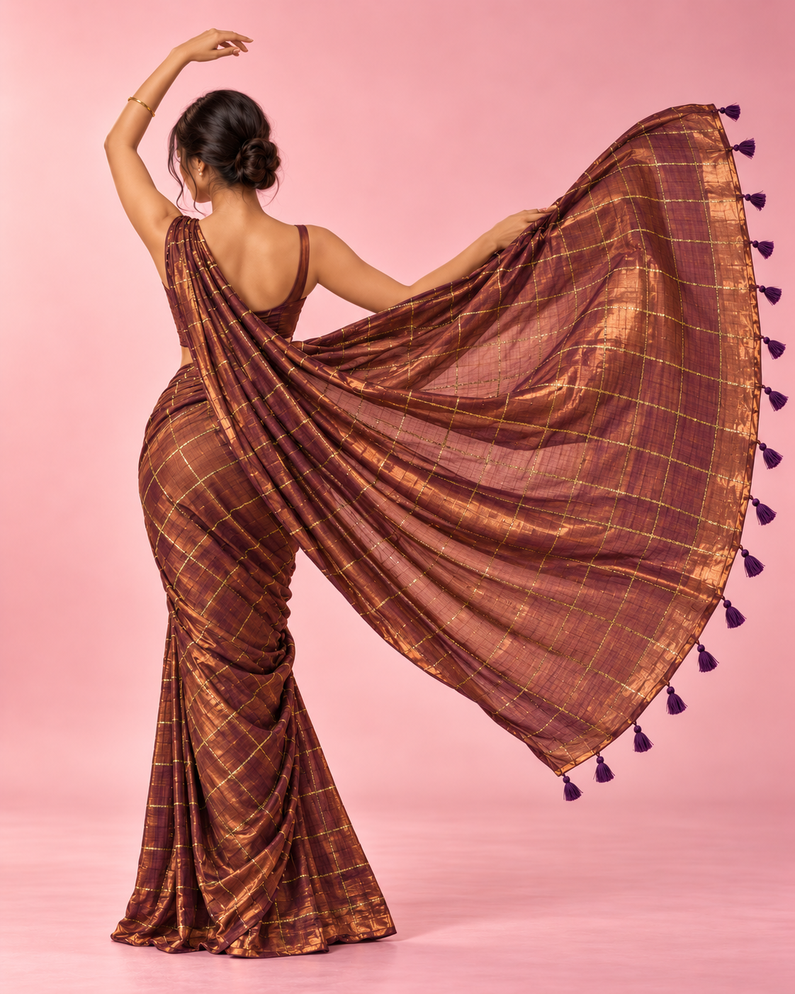 Kashvi – Copper-Gold Cotton-Silk Saree with Golden Sequin Checks