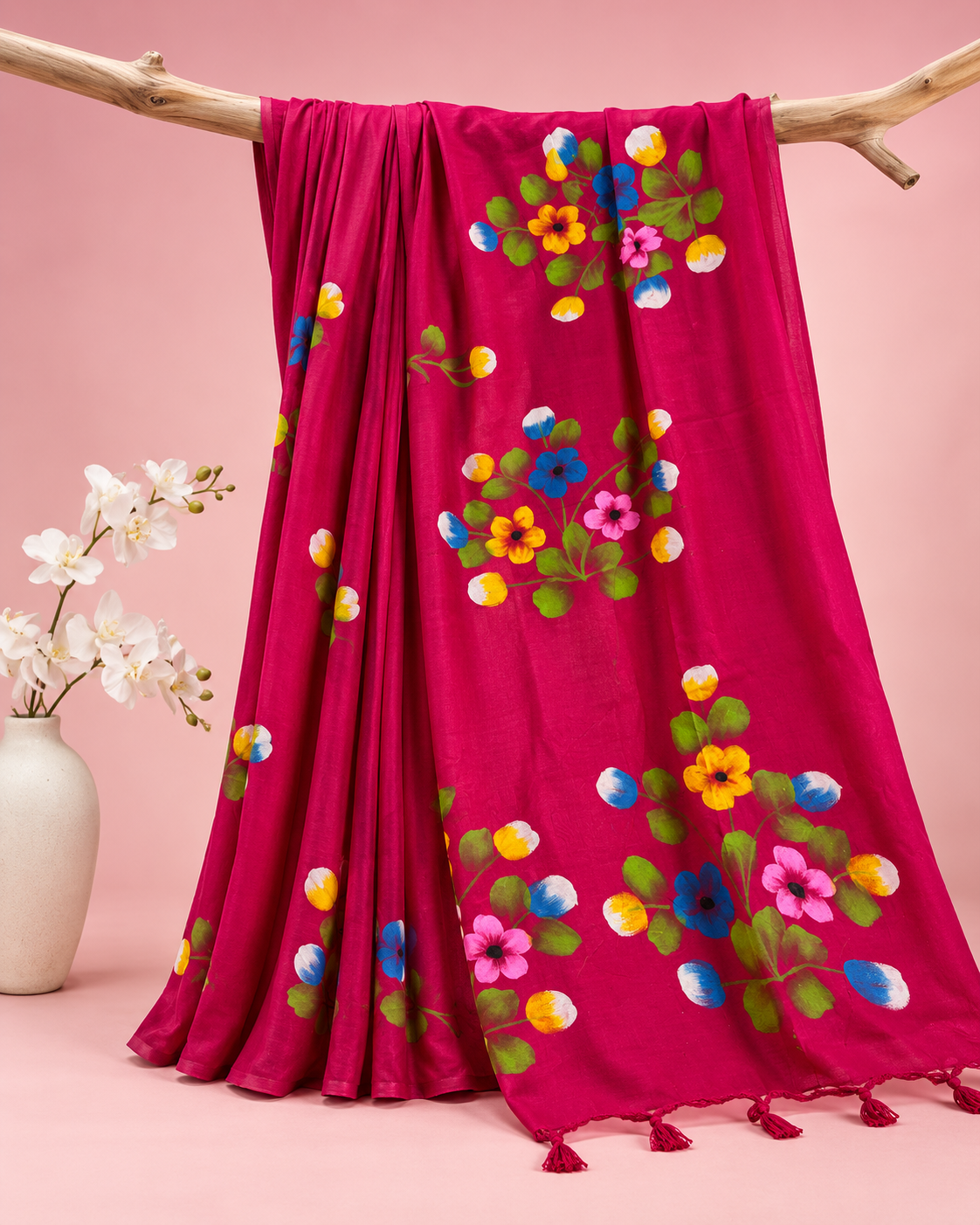 Kusumika – Dark Pink Cotton Saree with Hand-Painted Floral Art