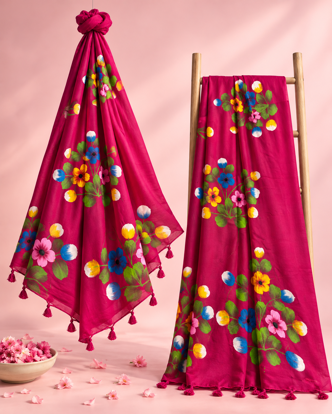 Kusumika – Dark Pink Cotton Saree with Hand-Painted Floral Art