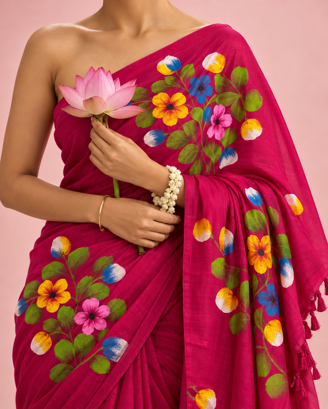 Kusumika – Dark Pink Cotton Saree with Hand-Painted Floral Art