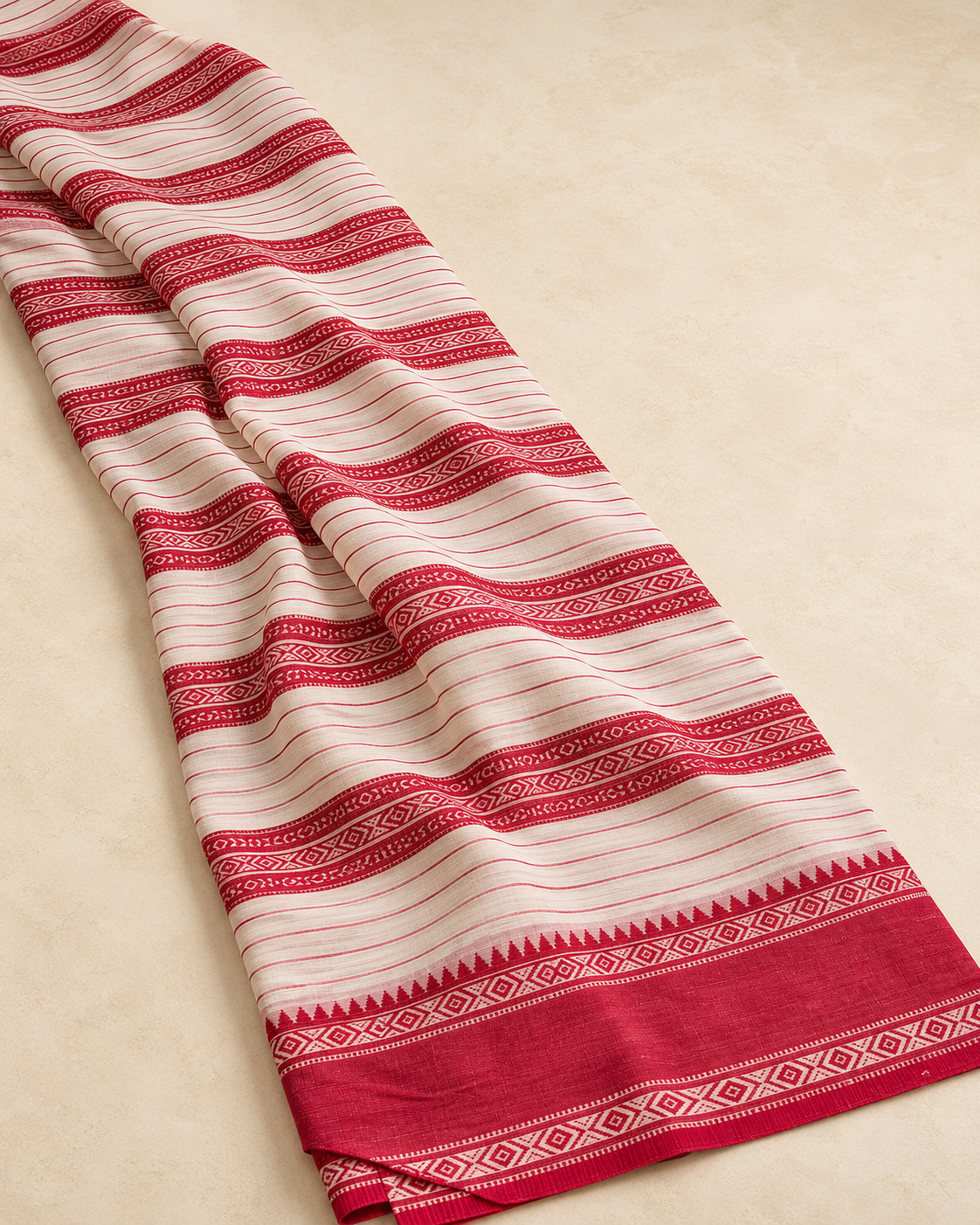 Lalima – White Cotton Saree with Red Horizontal Lines