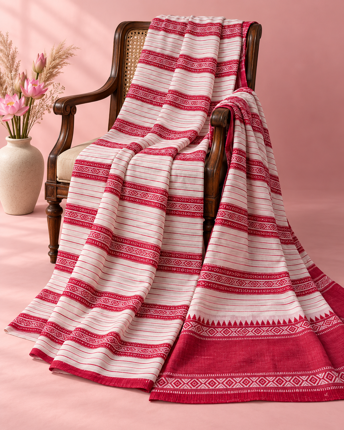 Lalima – White Cotton Saree with Red Horizontal Lines