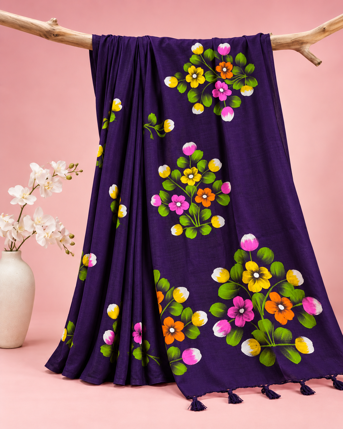 Madhulika – Purple Cotton Saree with Hand-Painted Floral Art