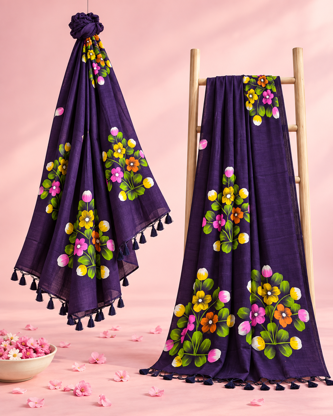 Madhulika – Purple Cotton Saree with Hand-Painted Floral Art