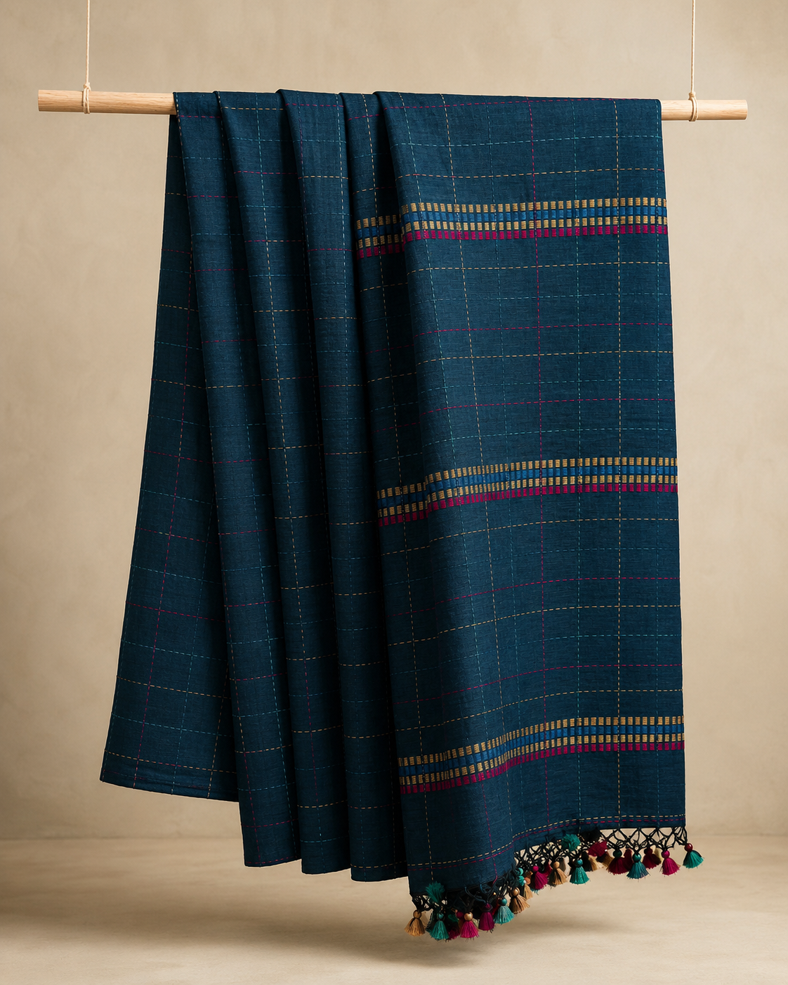 Manisha – Dark Blue Cotton Saree with Kantha Work
