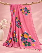 Mrunal – Light Pink Cotton Saree with Hand-Painted Floral Art