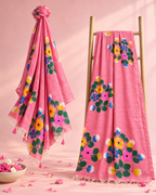 Mrunal – Light Pink Cotton Saree with Hand-Painted Floral Art