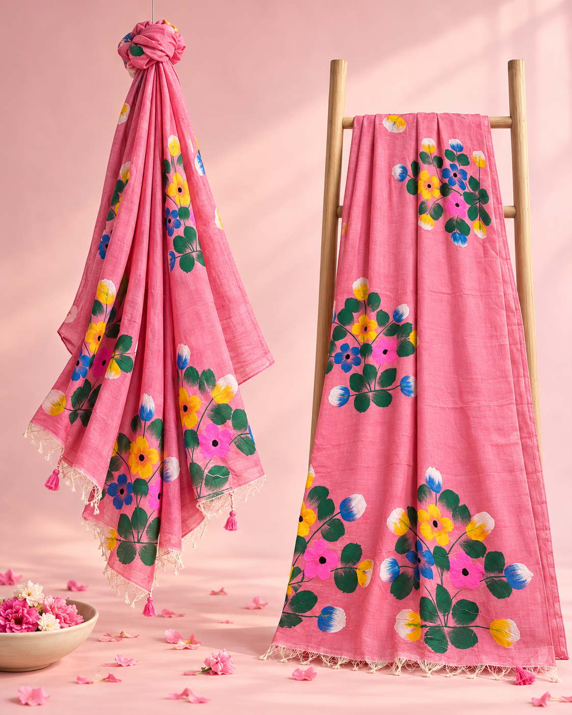 Mrunal – Light Pink Cotton Saree with Hand-Painted Floral Art