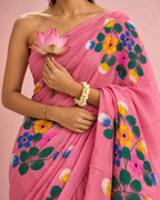 Mrunal – Light Pink Cotton Saree with Hand-Painted Floral Art