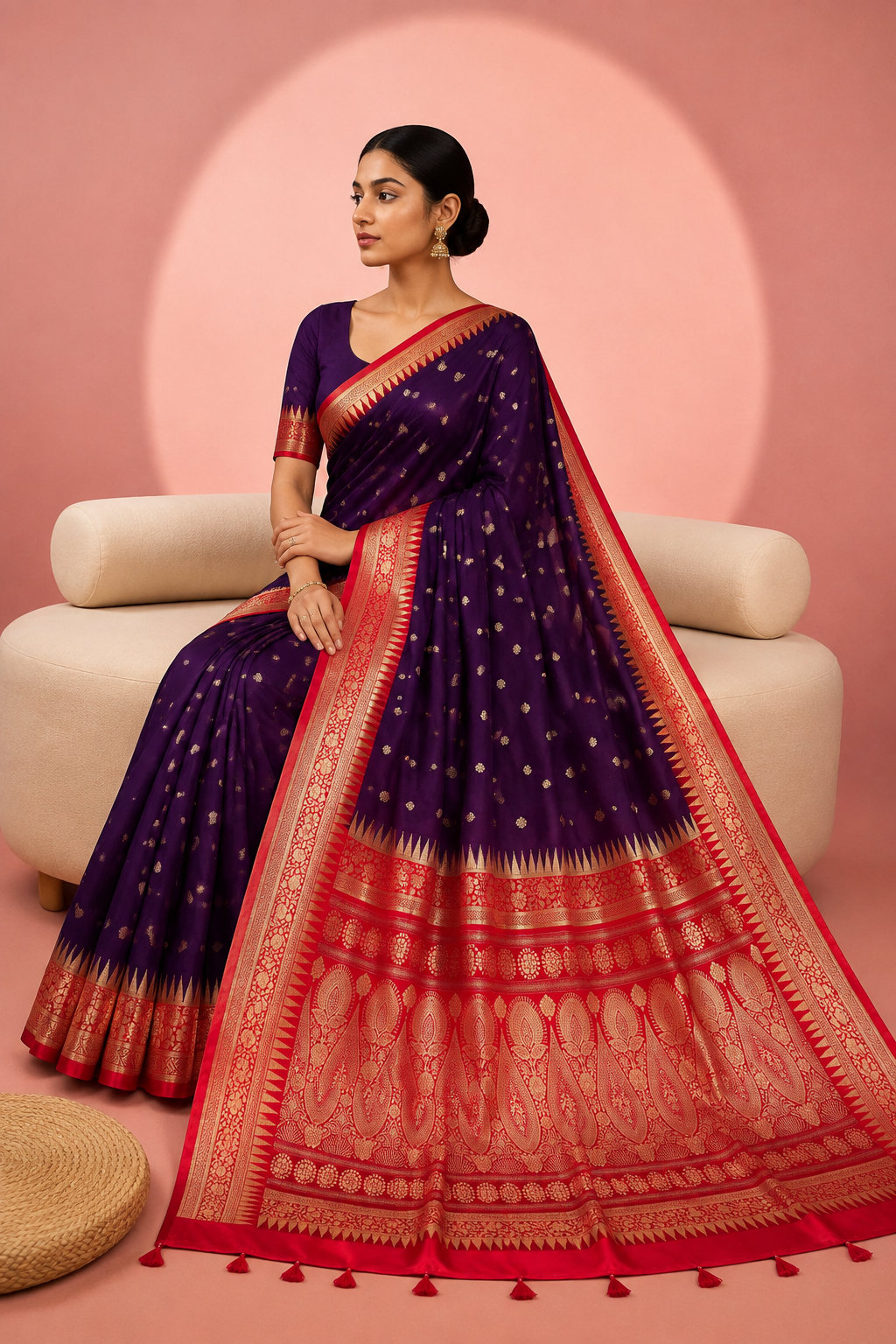 Neema – Purple Banarasi Silk Saree with Temple Zari Border