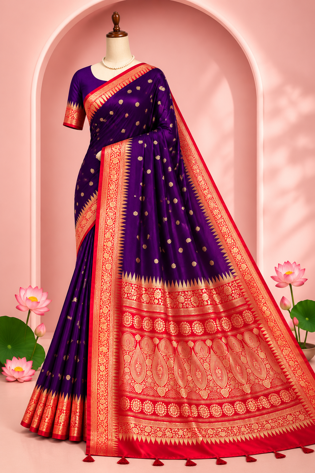 Neema – Purple Banarasi Silk Saree with Temple Zari Border