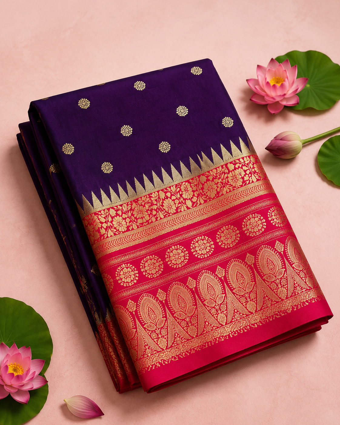 Neema – Purple Banarasi Silk Saree with Temple Zari Border