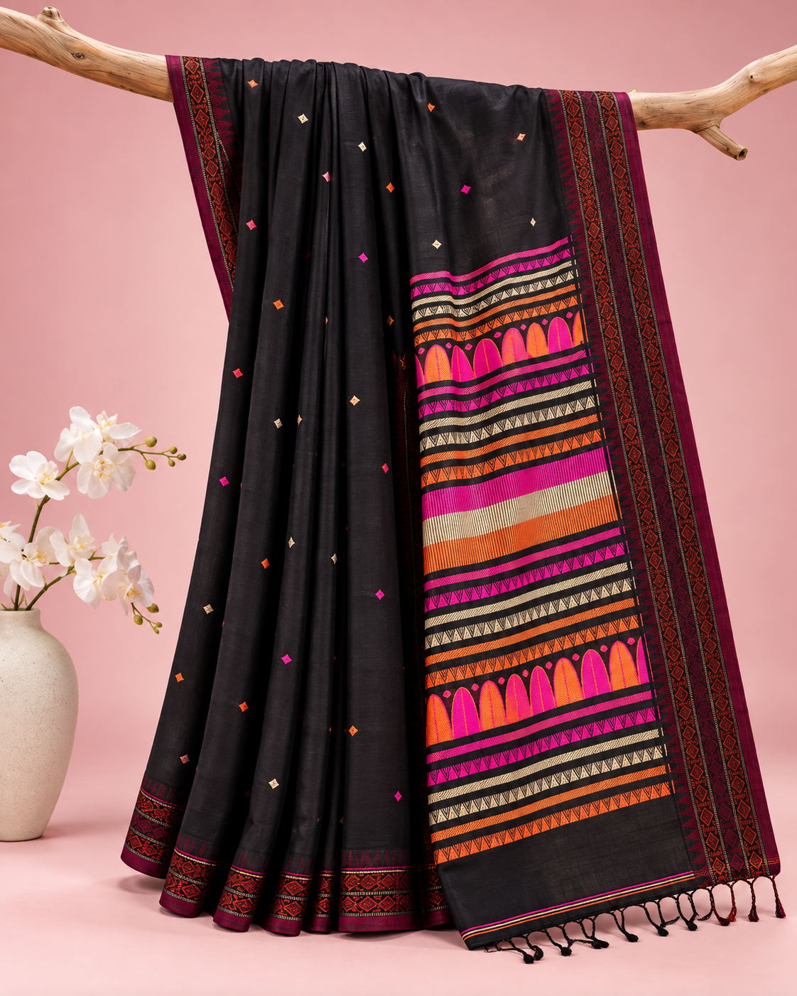Nishita – Black Cotton Dongria Saree