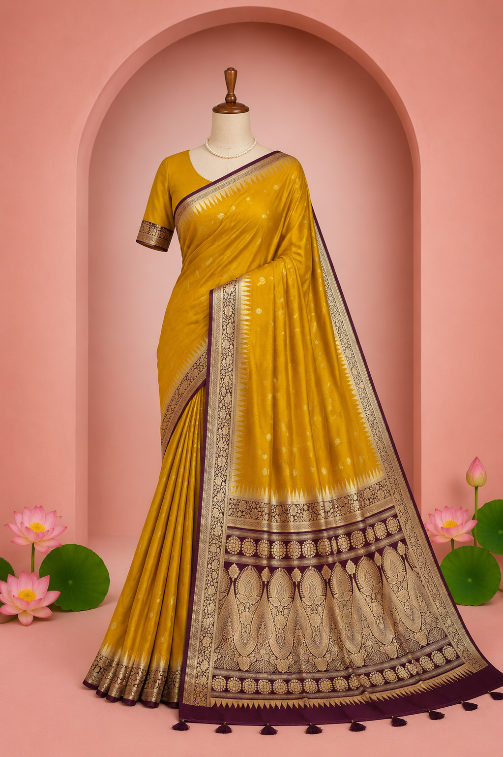 Prajakta – Gold Banarasi Silk Saree with Temple Zari Border