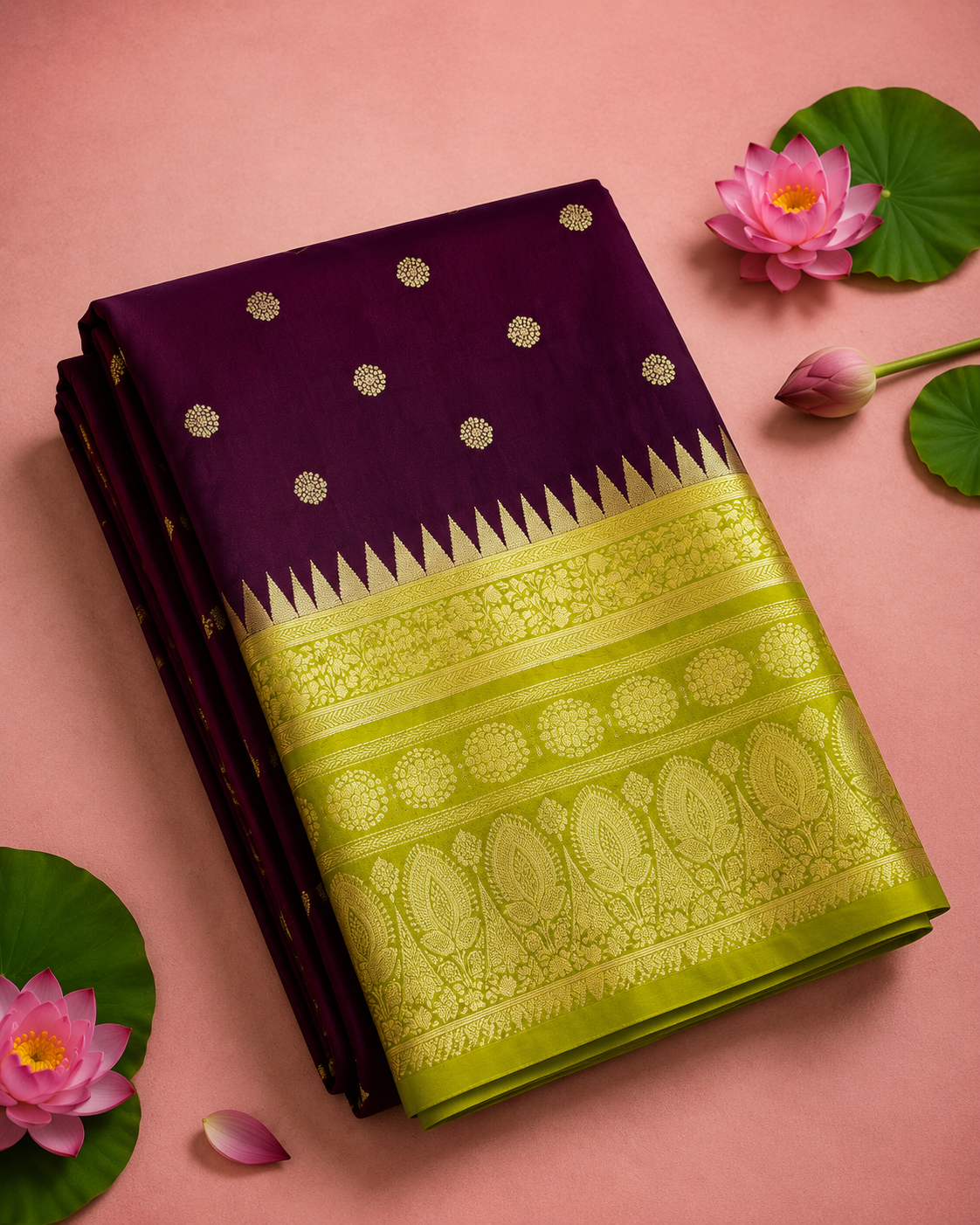 Preeti – Magenta Banarasi Silk Saree with Temple Zari Border