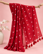 Priya – Red Mul Cotton Saree with White Heart Embroidery