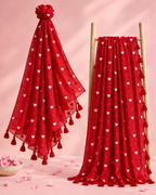 Priya – Red Mul Cotton Saree with White Heart Embroidery