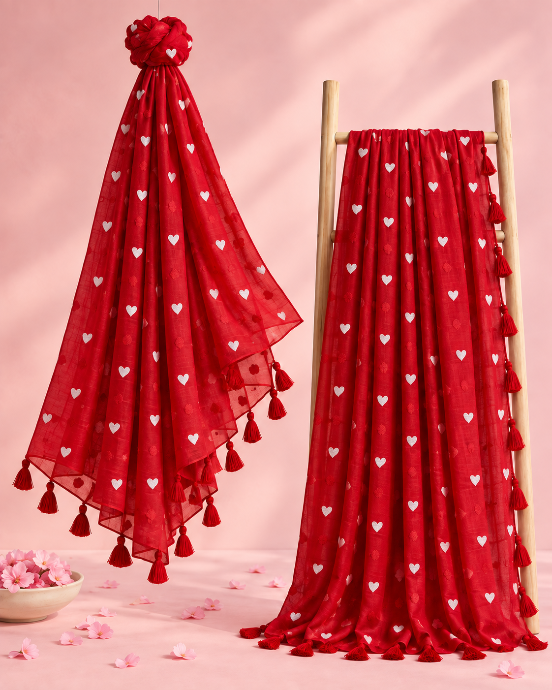 Priya – Red Mul Cotton Saree with White Heart Embroidery