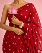 Priya – Red Mul Cotton Saree with White Heart Embroidery