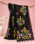 Pushpika – Black Cotton Saree with Hand-Painted Floral Art