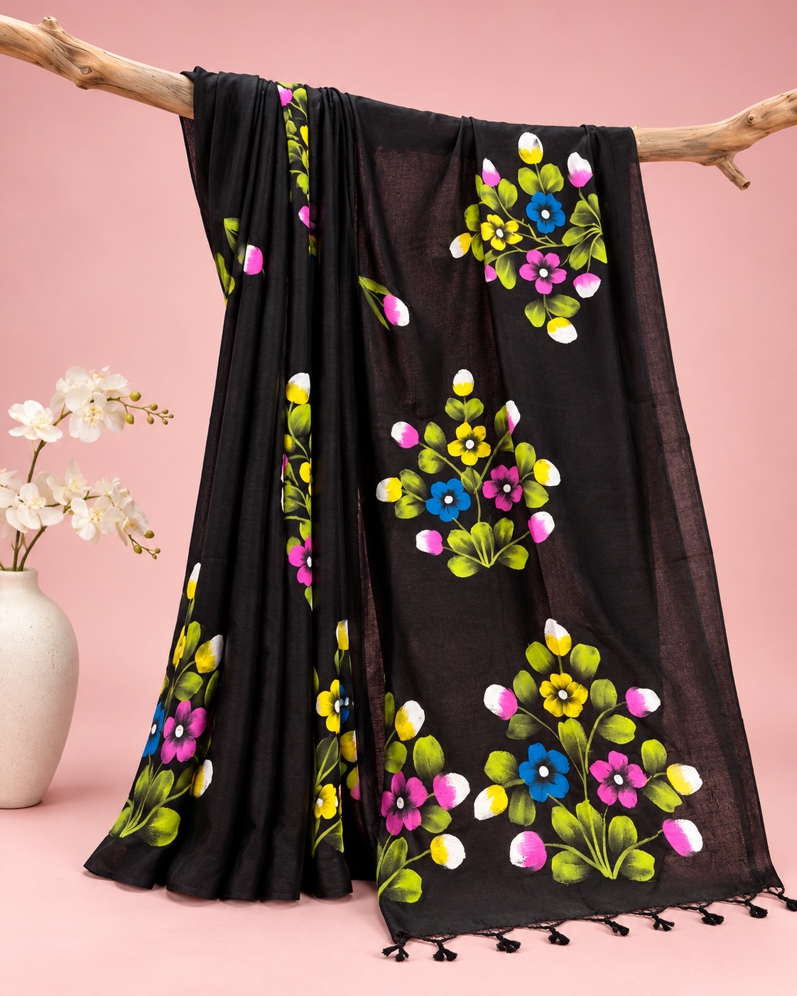 Pushpika – Black Cotton Saree with Hand-Painted Floral Art